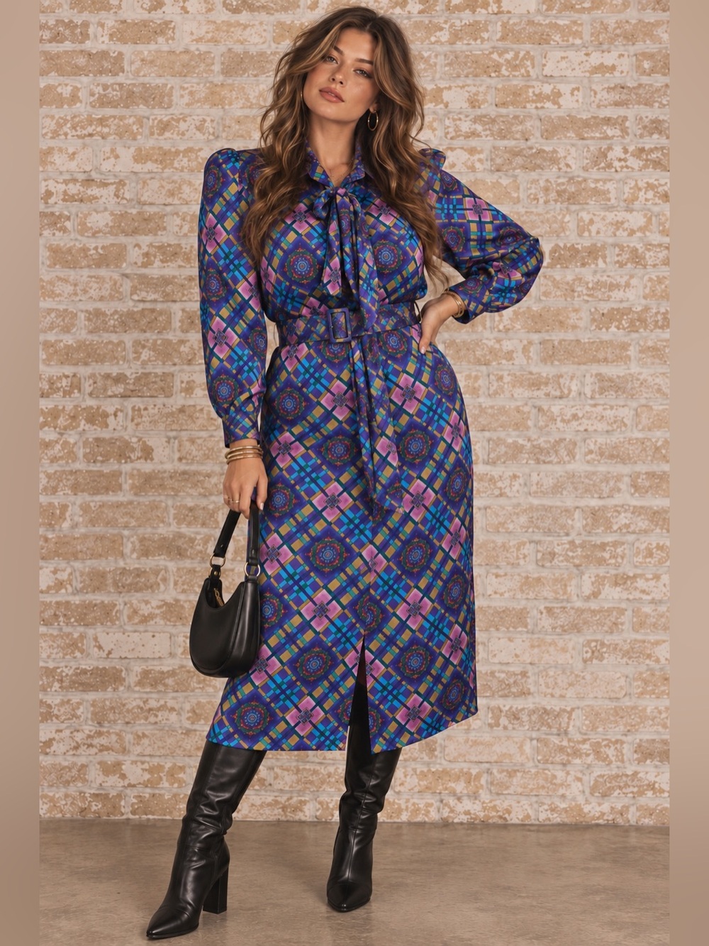 Vintage 80s Multicolor Jewel Tone Plaid Medallion Belted Midi Dress Plus Size 20